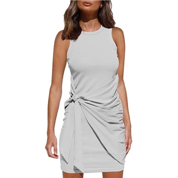 2023 Dam Sommar Casual Ärmlös Strand Tank Klänning Bodycon Ruched Miniklänningar Grå Grå Grey M