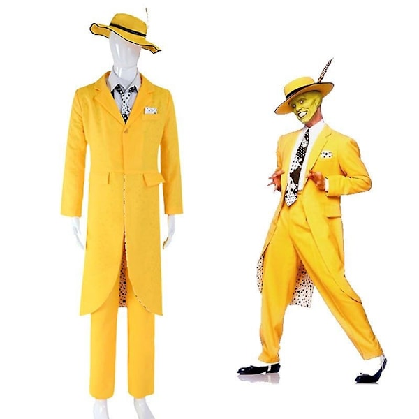 The Mask Jim Carrey Cosplay-asu ja naamio - Yksipuolinen asu Halloweeniin ja karnevaaliin - Keltainen - Täydellinen XS