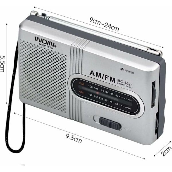Bärbar radio liten radio silver FM/AM (MW), extra stort ratt, miniradio med inbyggd högtalare, batteridriven