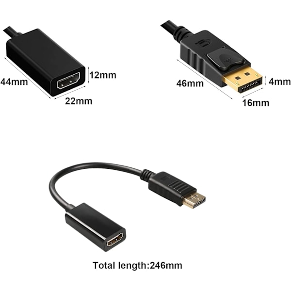 DisplayPort till HDMI-adapter, DP-hane till HDMI-hona kabel, 1080P 4K upplösningskonverterare (svart)