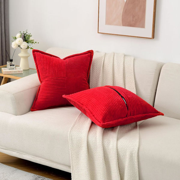 Röda Kuddfodral 18x18 Tum, 2-pack, Mjukt Helgjutet Corduroy med Ränder/Bred Kant