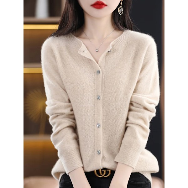 Addonee Dametrøje i 100% Merinould, K Cashmere, Rundhals Cardigan, Raglanærmer, Klassisk Strik, Ensfarvet, Basic, Søblå Søblå Lake Blue M