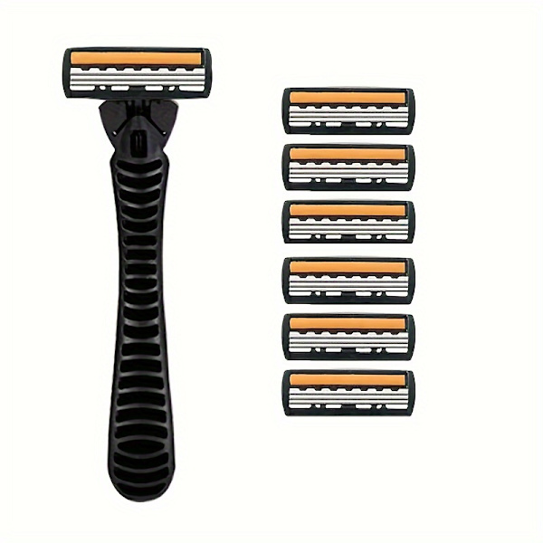 Mäns 3-lagers Razor Blade Manuell Rakning För Män Ersätt Huvud Bekväma Rakblad 1Holder And 6Blades