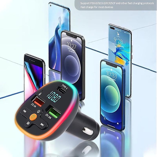 Auton FM-lähetin Bluetooth Auton Mp3-soitin Usb Type-c -portti Nopea laturi Tukee U-levyn toistoa