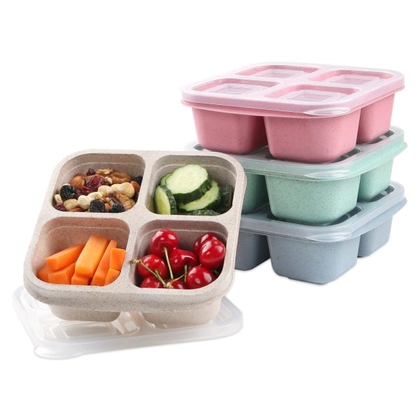 Snack Boxes (3-Pack) - 4 Compartment Stackable Bento Boxes Meal Prep Containers Reusable Lightweight Lunch Boxes for Kids and Adults Green