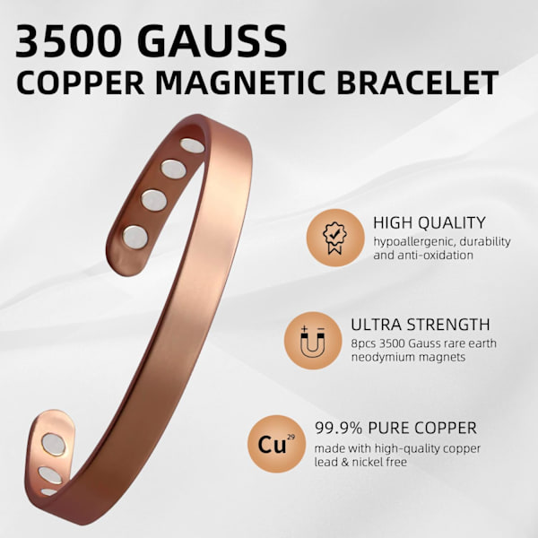Kobberarmbånd til mænd og kvinder 99,9% rent kobberarmbånd 6,8\" justerbar med 8 magneter (enkelt design)