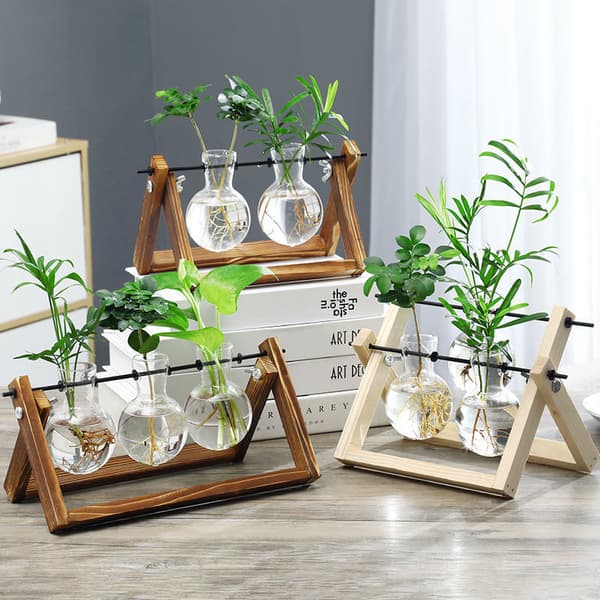 Hydroponisk vas med träram | Bordsplanteringskärl i glas | Minimalistisk heminredning*E* E