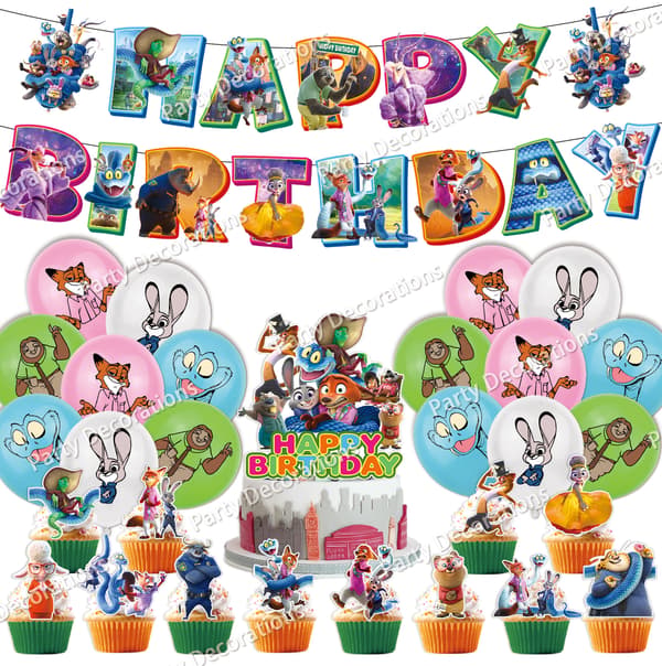 Zootopia 2 Bursdagsfestdekorasjonssett, vimpelbanner, kaketopper og ballongsett for barnefeiring C