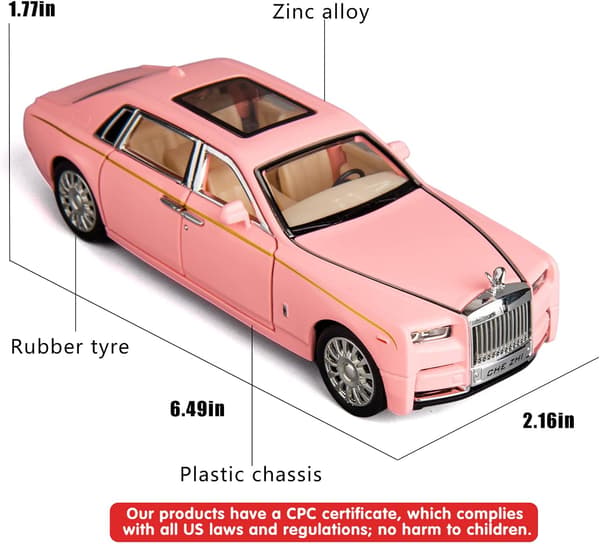 1/32 Rolls-Royce Phantom Modelbil, Zinklegering Træk Tilbage Legetøjsbil med Lyd og Lys til Børn Drenge Pige Gave (Pink)