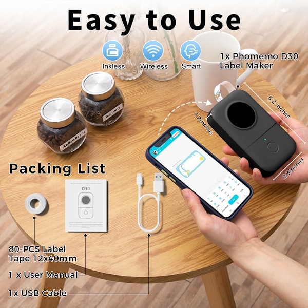 D30 Etikettprinter, Bluetooth Trådløs Mini Lomme Smartphone Oppladbar Etikettmaskin Kompatibel med iPhone/Android, for Hjemmekontor Etikettmaskin (svart) black