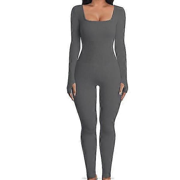 Träningsjumpsuits för kvinnor Ribbade Långärmade Sportjumpsuits Grey L