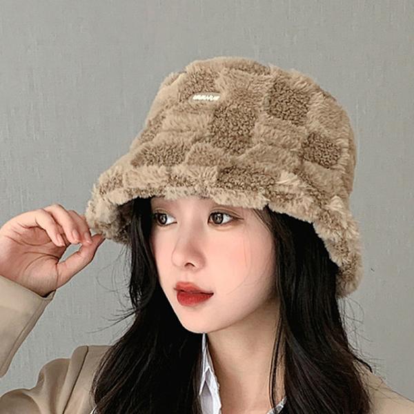 Lammeplysj fiskerhatt fleece rutete bøttehatt vinter Col Beige