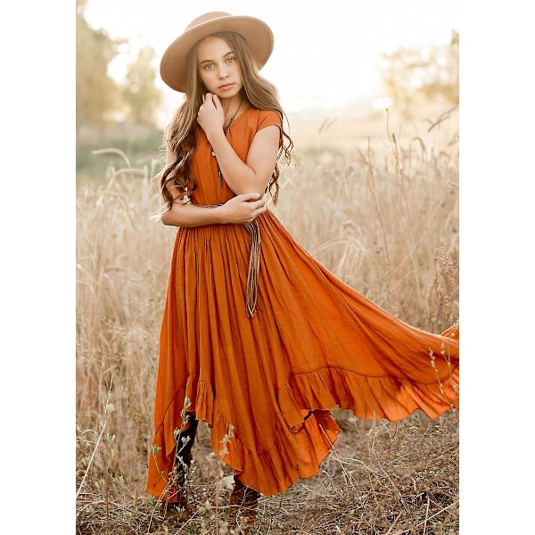 Plus Size Princess Flickor Bomull Spets Fest Tonåringar Långa Klänningar Baby Barn Blomsterflicka Bröllop Födelsedag Barnkläder För 6-14y Orange Orange 14