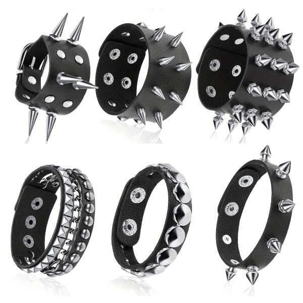 6 kpl Halloween PU nahkaranneketta, punk goth nahkan piikkinauha rannekoru Black 6 Pcs