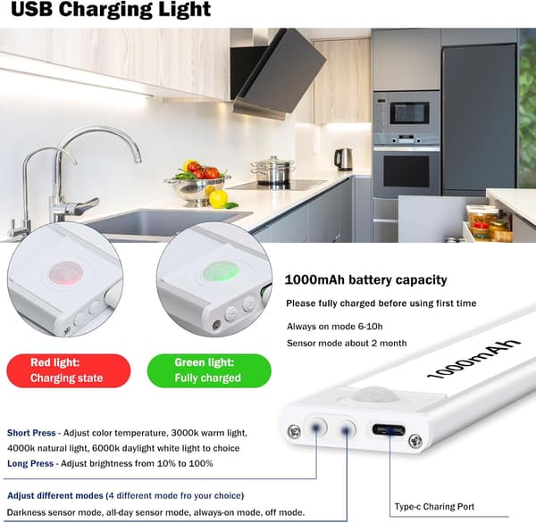 Bevægelsessensorlys, 3 farvetemperaturer dæmpbart skabslys, USB genopladeligt skabslys, magnetisk natlys, - 3 pak, sølv 20 cm