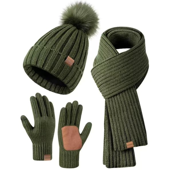 Stickad Vintermössa, Halsduk och Handskar Set | Varmt 3-Dels Set för Kallt Väder *Vit* White