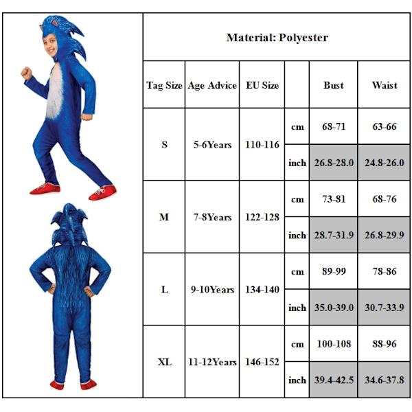 Sonic The Hedgehog Cosplay-dräkt Kläder för Barn, Pojkar, Flickor - Overall + Mask + Handskar 10-14 År EU 140-164 - Perfekt Overall+Huvudbonad+Handske Jumpsuit+hood+glove 6-7 years = EU 116-122