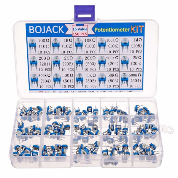 15 värden 150 stycken 100 Ohm - 2M Ohm variabelt motståndsklassningssats 6mm potentiometer packad i transparent plastbox