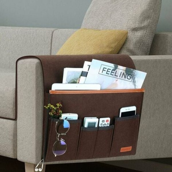 Sofa Armrest Organizer, Armstol Oppbevaringspose med 5 Lommer, Deksel for Fjernkontroll, iPad, Magasin, Briller (Brun)