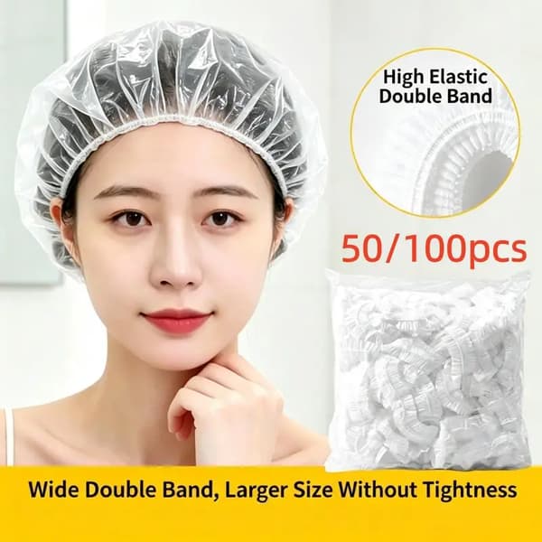 50/100 STK Engangs Dusjhetter Stor Størrelse Vanntett PE Hårhetter Dobbel Elastisk Badehette For Hårfarging Salong Hjemmebruk 50 PCS