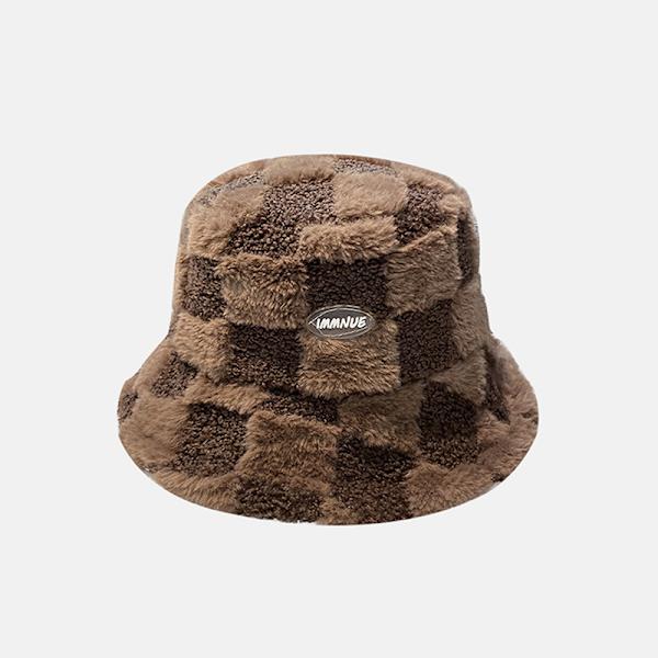 Lammeplysj fiskerhatt fleece rutete bøttehatt vinter Col Coffee