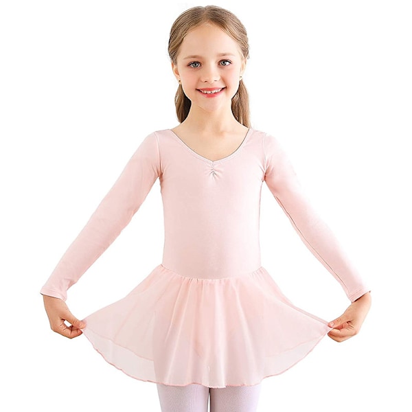 Flickor Långärmad Balett Leotards Dans Tutu Klänning Rosa Pink 140cm
