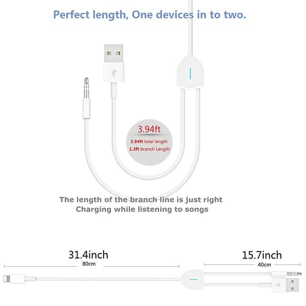 Hjelpekabel for iPhone, Lightning til 3,5 mm Aux-kabel 2 i 1
