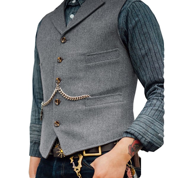 Heringbensk tweed vest for menn, retro V-hals, ull, til prom Sølv Silver XS