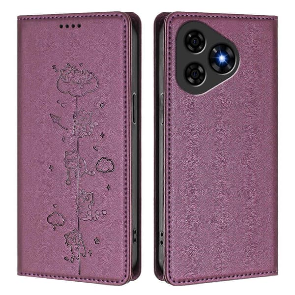 Søde Katte Præget Magnetisk RFID Vegansk Læder Telefoncover Violet Purple For Ulefone Note 19