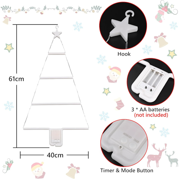 Julepynt Lys, LED Juletrappe Lys 2ft, 8 Tilstande & Timer Batteridrevne Julelys