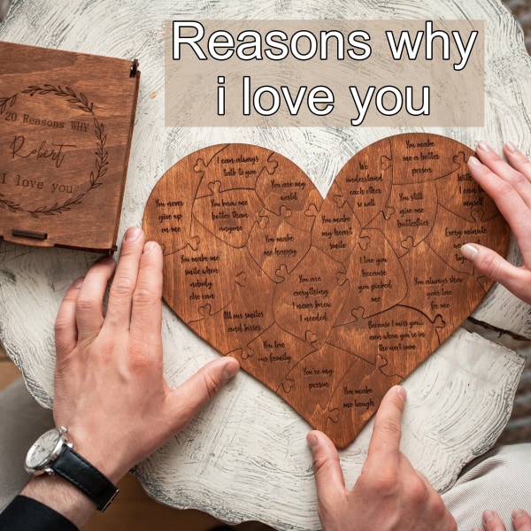 20 skäl till varför jag älskar dig Hjärtapussel i trä - Alla hjärtans dag present till honom, henne, paret - Jubileumsöverraskning för fru, make