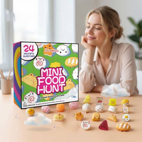 2026 Jule Squishy Adventskalender, 24-dagers nedtelling med søte mat-tema klemmeleker, myk sensorisk stresslindrende gave