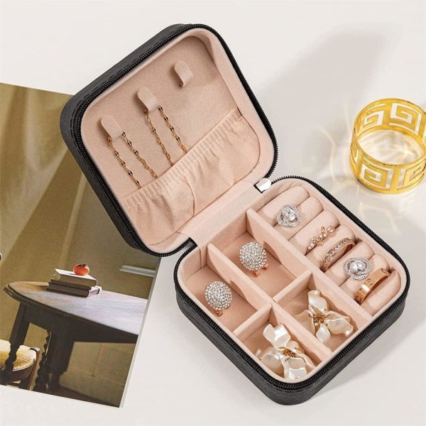 Bärbar resor Mini smyckeskrin Mini Organizer Resesmyckeskrin för ringar, örhängen (svart)