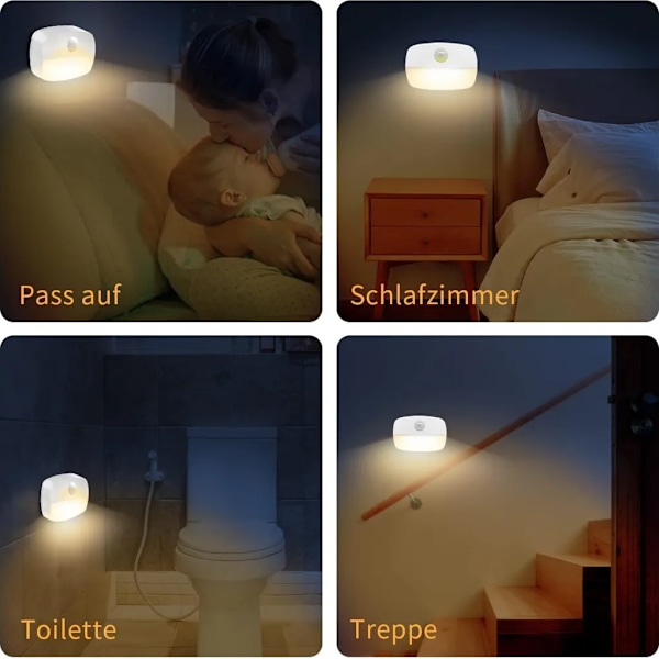 LED natlys med bevægelsessensor, 4 varme hvide batteridrevne lys, 2 lystilstande, automatisk tænd/sluk sensorlys til gang, trapper, soveværelse