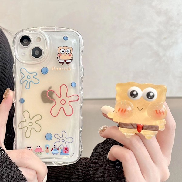 Kompatibelt Sød Etui til iPhone Kawaii med Stativ og Vedhæng Tegneserie Transparent Blød TPU Telefon Cover Spongebob Spongebob iPhone 12