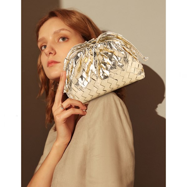 PU vävd väska Satchel Cloud Mini läder clutch väska gyllene