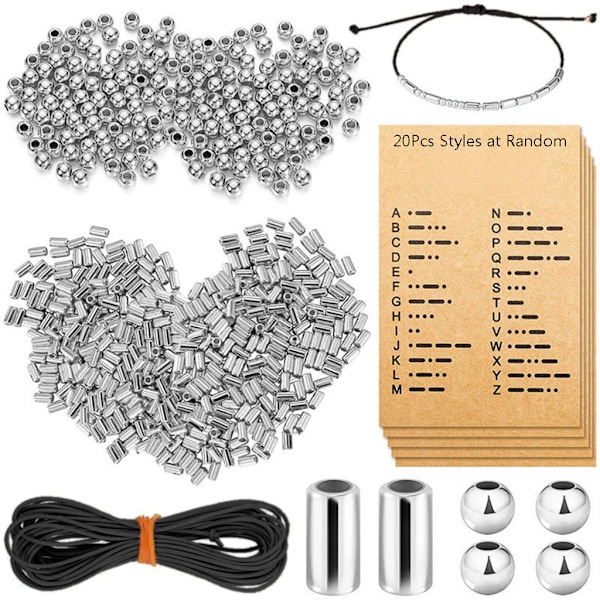 Runda distanspärlor Långa rörformade distanspärlor Manuellt justerbart armband Halsband Morse-kod avkodningskortset Silver 0.08