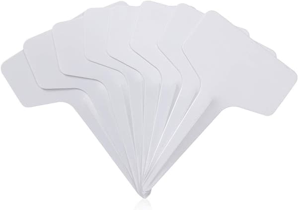 100-pak plastik plantemærker, T-formede mærker, hvide