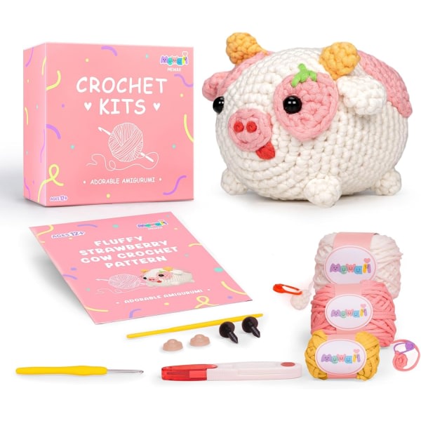 Heklepakke for nybegynnere Komplett DIY-sett Dyr med 40%+ startgarn Garn Steg-for-steg videoopplæring for voksne barn (Fluffy ku)