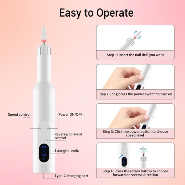 Elektrisk nagelfil sladdlös akryl nagelkit med keramiska nagelbitar, slipband, bärbar uppladdningsbar e-fil set för akryl gelnaglar, manikyr