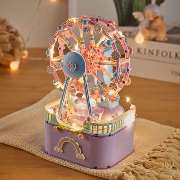 Micro Brick Karusell Speldosa – Kreativ Roterande DIY Monteringsgåva *Belyst version - Karusell 874 delar* Lighted version - Carousel 874pcs