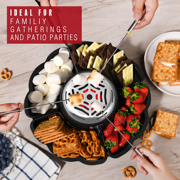 2-i-1 Elektrisk S'mores Maker & Fonduegryte, Bordplate Innendørs Smoressett med 4 Grillgafler, 4 Avtakbare Skuffer & 1 Temperaturstyrt Varmer