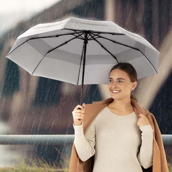 Umbrella Windproof Travel Umbrellas for Rain - Easy Automatic Open and Close, Durable & Compact Umbrella, Strong Fiberglass Frame, Waterproof Canopy Gray