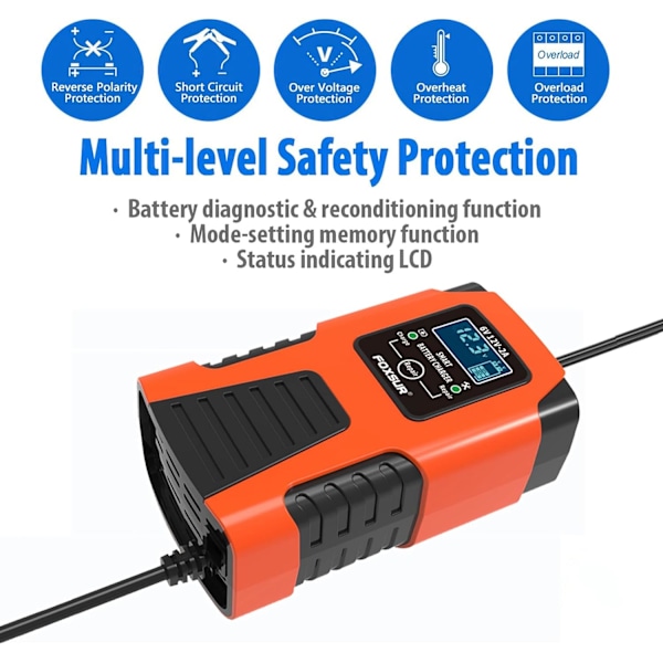 6V/12V 2A Bilbatterioplader: Automatisk, LCD-display