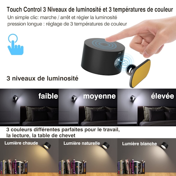 Indendørs væglampe, Touch LED væglampe med USB opladningsport Touch Control, 3 lysstyrkeniveauer 3 temperaturer 360° roterbar sengelampe (sort)