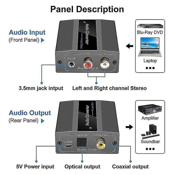 Analog til digital lydkonverter Rca til optisk med optisk kabel lyd digital Toslink og Coaxi