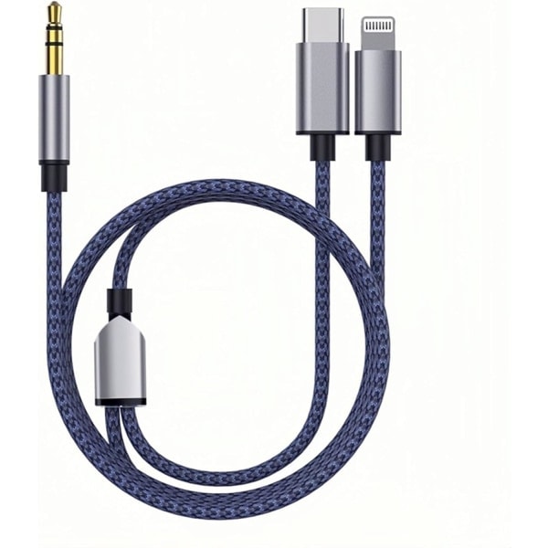 Flettet nylon USB C og Lightning til 3,5 mm jack lydadapter Aux-kabel