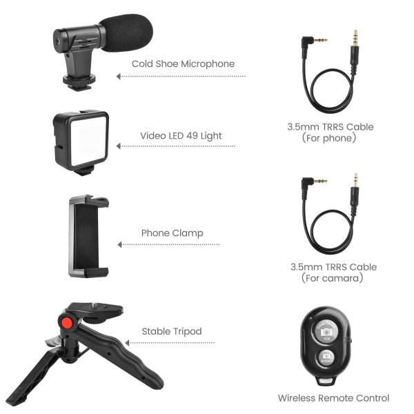 Vlogging Video Kit med stativ, mikrofon, LED-lys og telefonholder