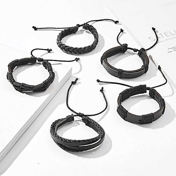 5-pak håndlavede læderarmbånd mænds armbånd sort sort