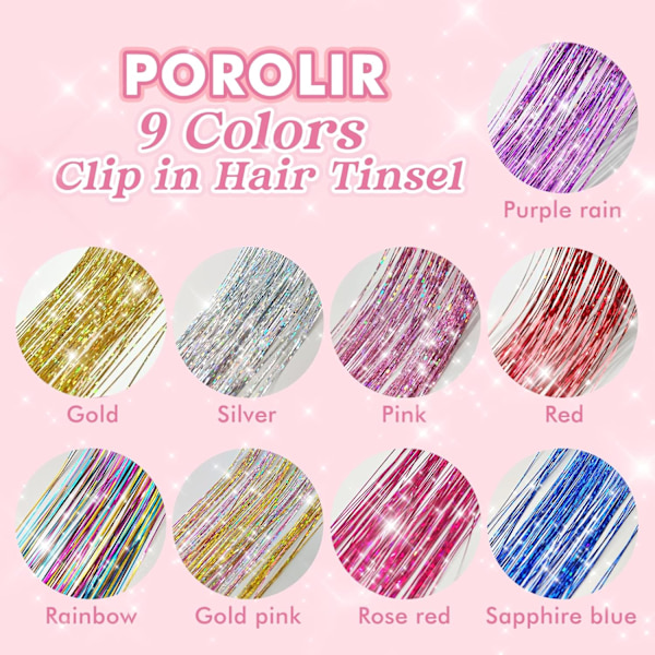 Clip in Hair Tinsel Kit, Pack med 6 Glitter Fairy Tinsel Hair Extensions 20 tum glänsande hårglitter värmetåligt (Silver)